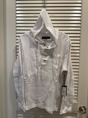 Kenneth Cole White Waffle Knit Hooded Henley Pullover